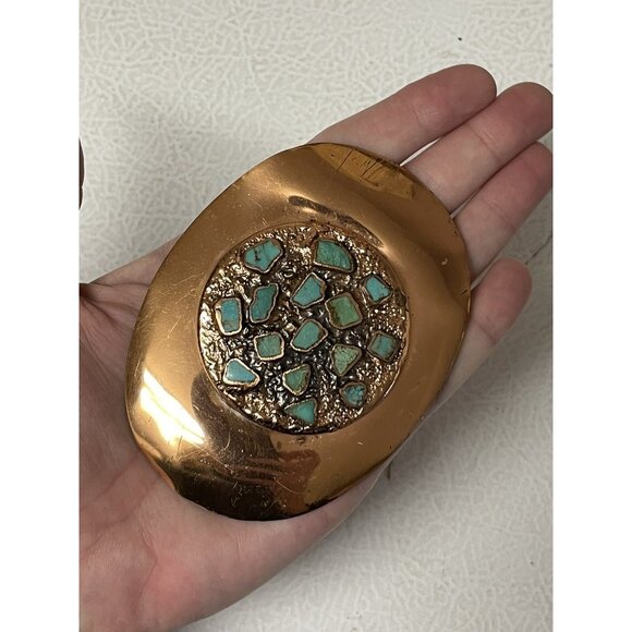 Vintage Belt Buckle Solid Copper Turquoise Inlay Nickel Silver Bell - Picture 16 of 16